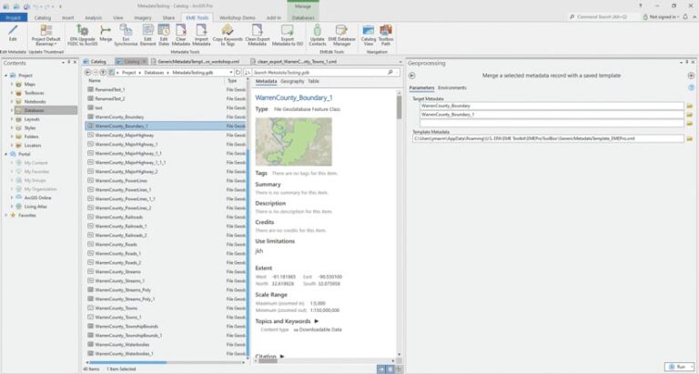 The Merge geoprocessing tool in the EPA Metadata Editor