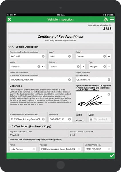 A Certificate of Roadworthiness form with a bunch of filled-out boxes and a large box with a signature in it