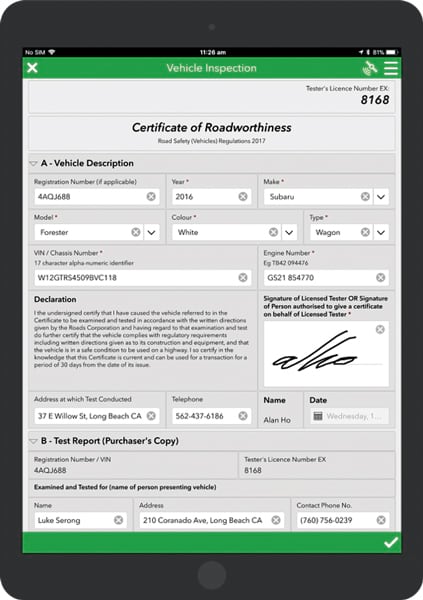 A Certificate of Roadworthiness form with a bunch of filled-out boxes and a large box with a signature in it A Certificate of Roadworthiness form with a bunch of filled-out boxes and a large box with a signature in it