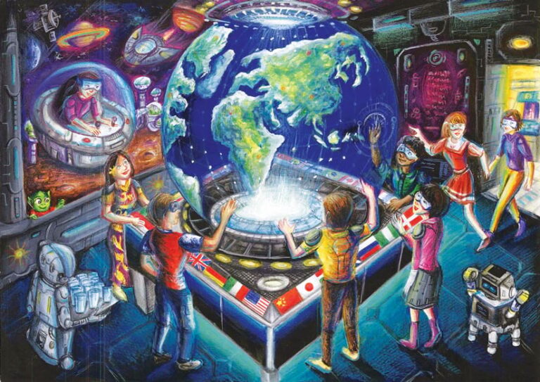 An illustration of kids standing around a projected 3D globe, looking at and touching the map