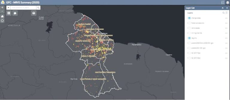 A map of Guyana that delineates its regions and shows forested areas that have undergone change in yellow, red, green, and orange