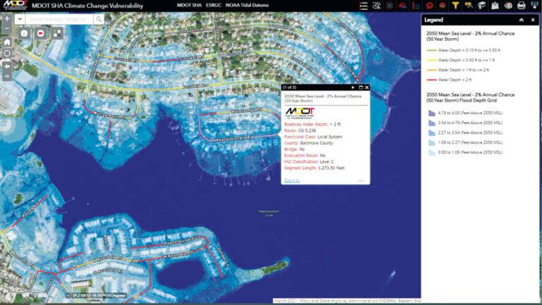 A map of a waterfront area in Maryland with a legend that denotes different water level depths according to the mean sea level anticipated in 2050, plus a pop-up with information about one coastal road that will be impacted by sea level rise