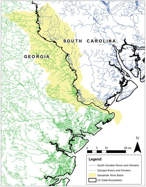 A map of rivers in Georgia that shows the Savannah River basin, in yellow, spanning the Georgia-South Carolina border