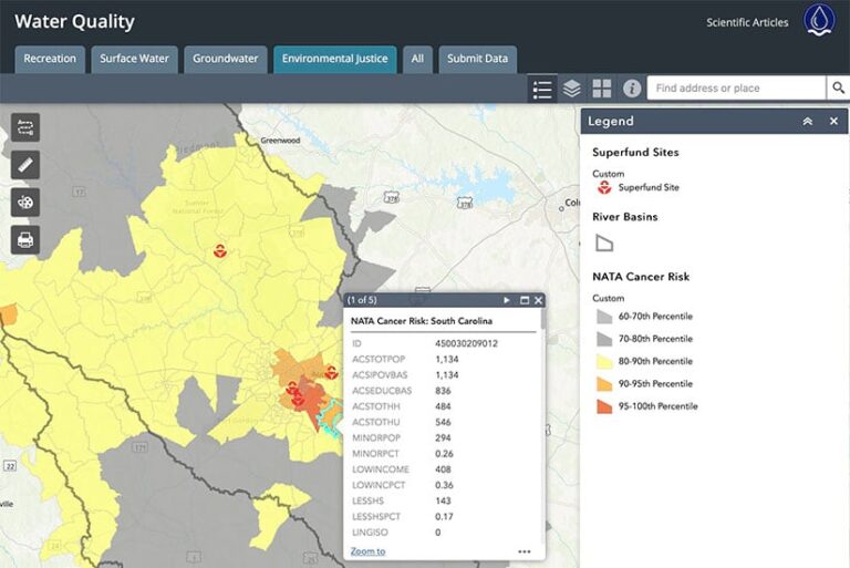An ArcGIS StoryMaps story with the Environmental Justice tab clicked, which shows a map that identifies Superfund sites within river basins and displays yellow and orange buffers that indicate, according to the legend, the cancer risk associated with those areas