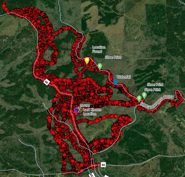An imagery-based map of a rural area, with red dots denoting rescue workers’ tracks and labels marking the child’s last-known location, shoe prints, a waterfall, and the location where the child was found