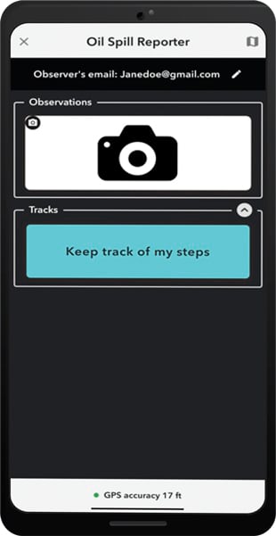 A screenshot of the Oil Spill Reporter app, showing the button users press to take a photo and a button to “Keep track of my steps”