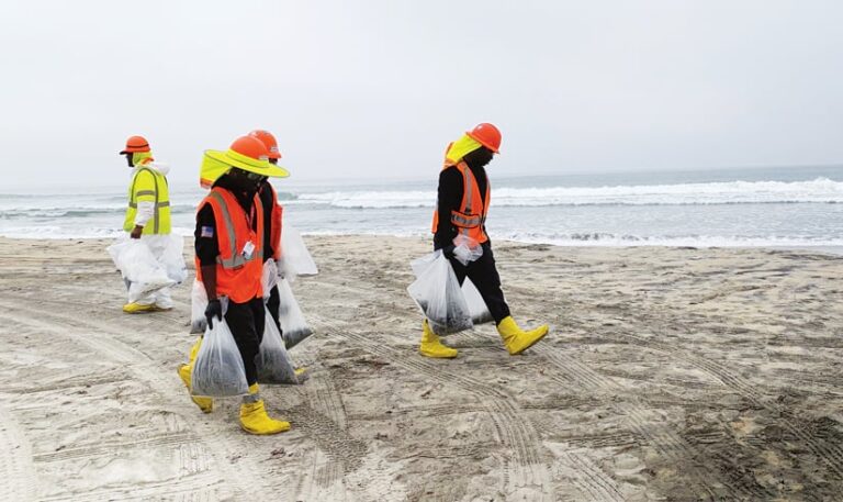 Four people in hazmat gear walking along the beach carrying bags of tar balls