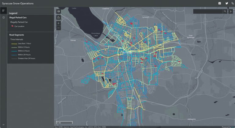 A map of Syracuse streets colored blue, teal, green, yellow, and red and a legend indicating what each of the colors means (i.e., how long ago each road was plowed)