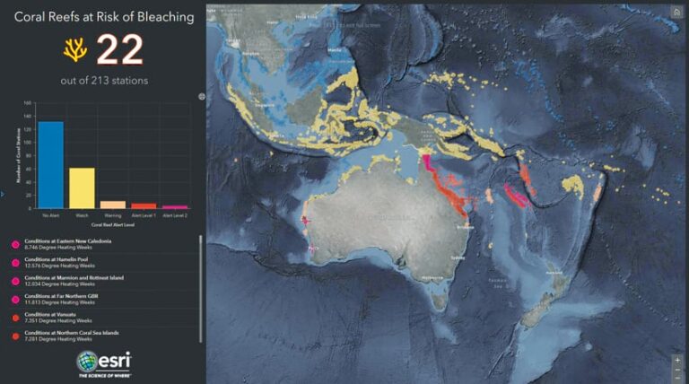 A dashboard with a map of Australia that has its coral reefs highlighted in different colors, with a chart and information about how bleached the various coral reefs are A dashboard with a map of Australia that has its coral reefs highlighted in different colors, with a chart and information about how bleached the various coral reefs are