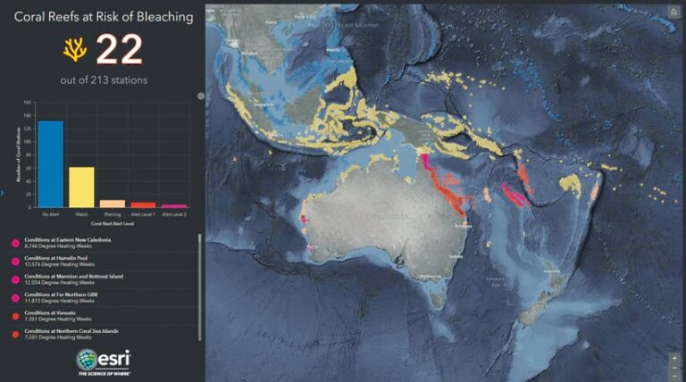 A dashboard with a map of Australia that has its coral reefs highlighted in different colors, with a chart and information about how bleached the various coral reefs are