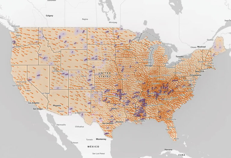 A map of the United States with orange and purple arrows pointing out of each county, indicating whether—and by how much—COVID-19 cases are increasing (purple) or decreasing (orange)