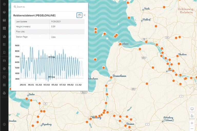 A map with orange dots and a pop-up that indicates height and other metrics