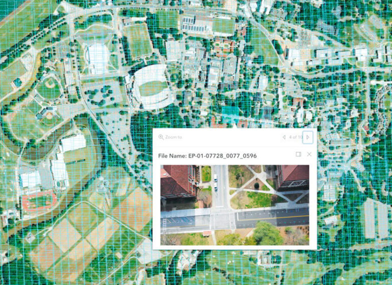 An aerial image of campus with a teal grid placed over it and a pop-up showing a close-up aerial image of that space