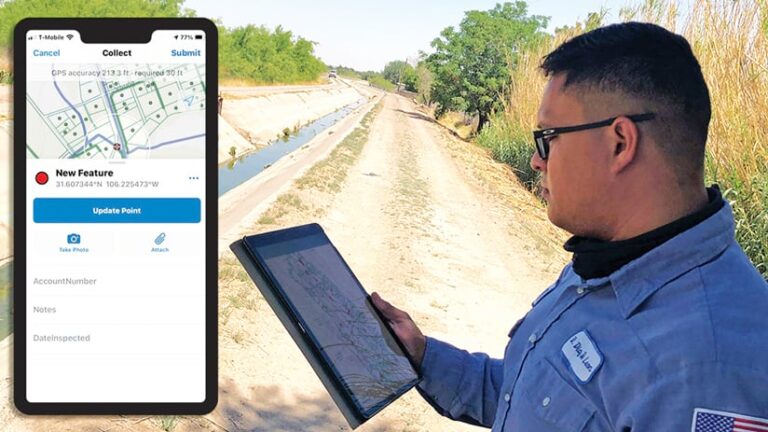A man using a tablet near a canal with a little bit of water in it, with a close-up of the data collection app on a smartphone embedded in the photo
