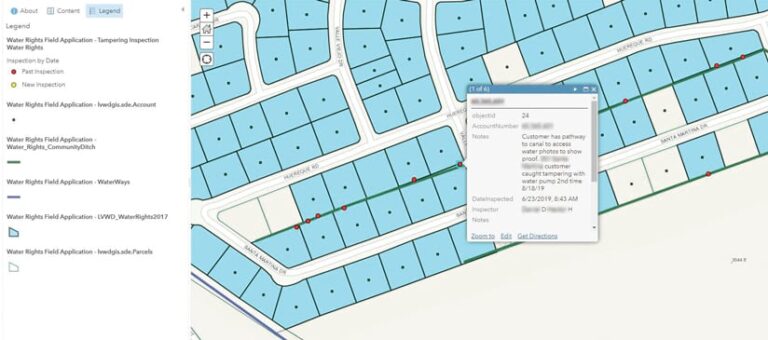 A map of a residential area with a pop-up showing information about a water violation