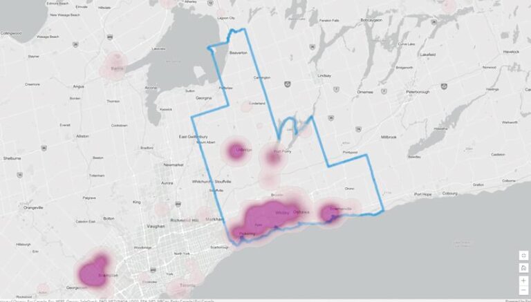 A heat map that shows, in purple, where people in Durham are using myDurham 311