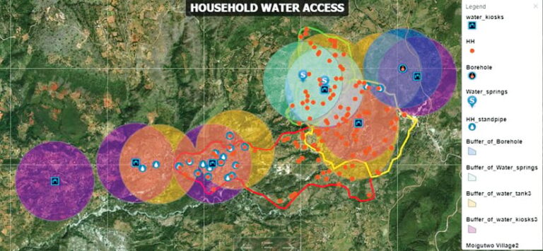 A map showing the locations of various water resources, plus buffer zones in different colors indicating the areas around those resources that are accessible via a 30-minute walk