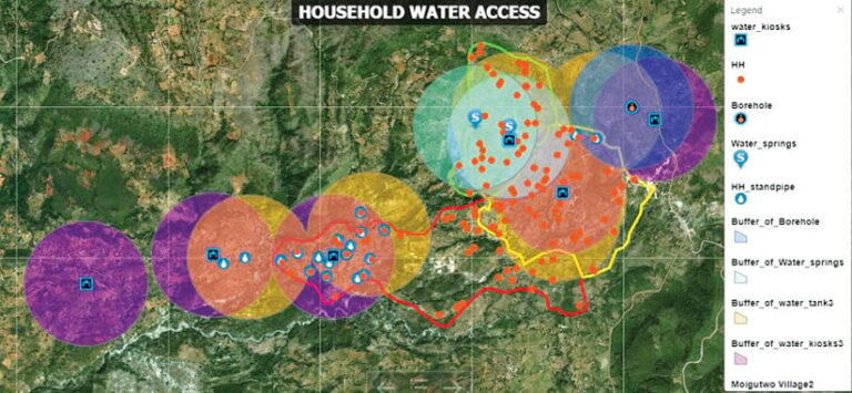 A map showing the locations of various water resources, plus buffer zones in different colors indicating the areas around those resources that are accessible via a 30-minute walk A map showing the locations of various water resources, plus buffer zones in different colors indicating the areas around those resources that are accessible via a 30-minute walk