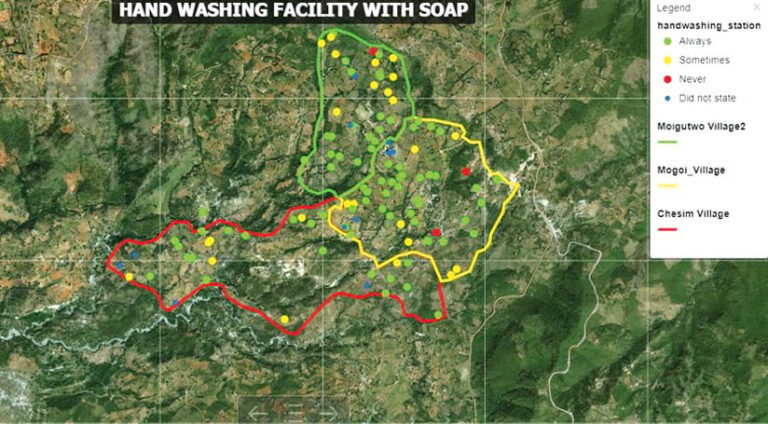 A map outlining three villages with dots throughout that indicate handwashing facilities that have soap always (green), sometimes (yellow), and never (red)