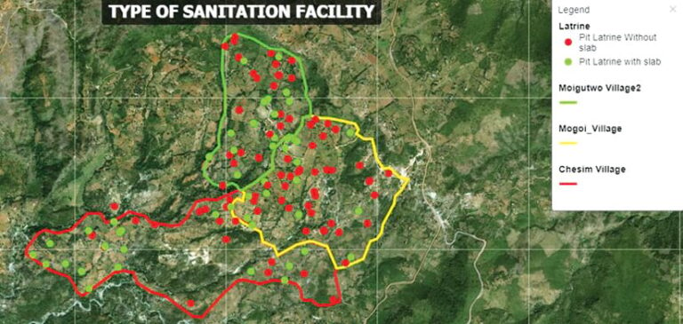 A map outlining three villages with dots throughout that indicate pit latrines that either do have a seating slab (green) or don’t (red)