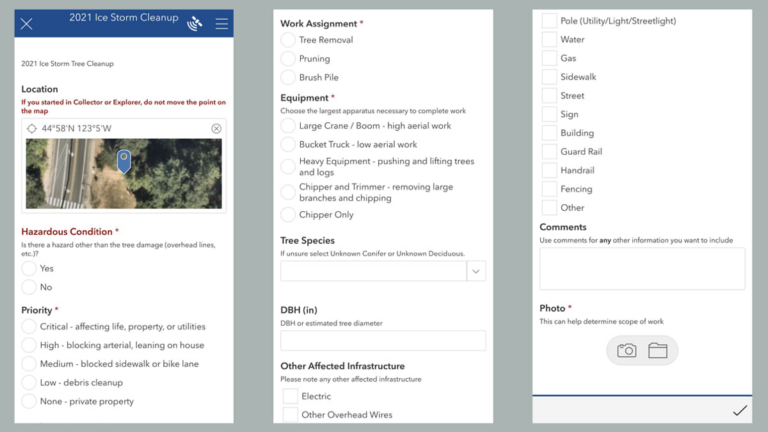 GIS mobile application with survey questions, comment section, and comment section box