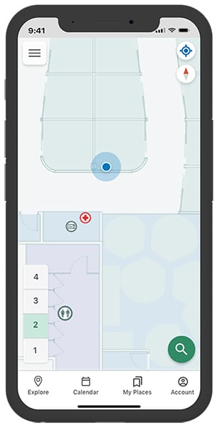 An indoor map on a smartphone showing how someone can get from one office to another