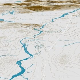 A natural resource company might use a map like this, showing hills and a meandering river