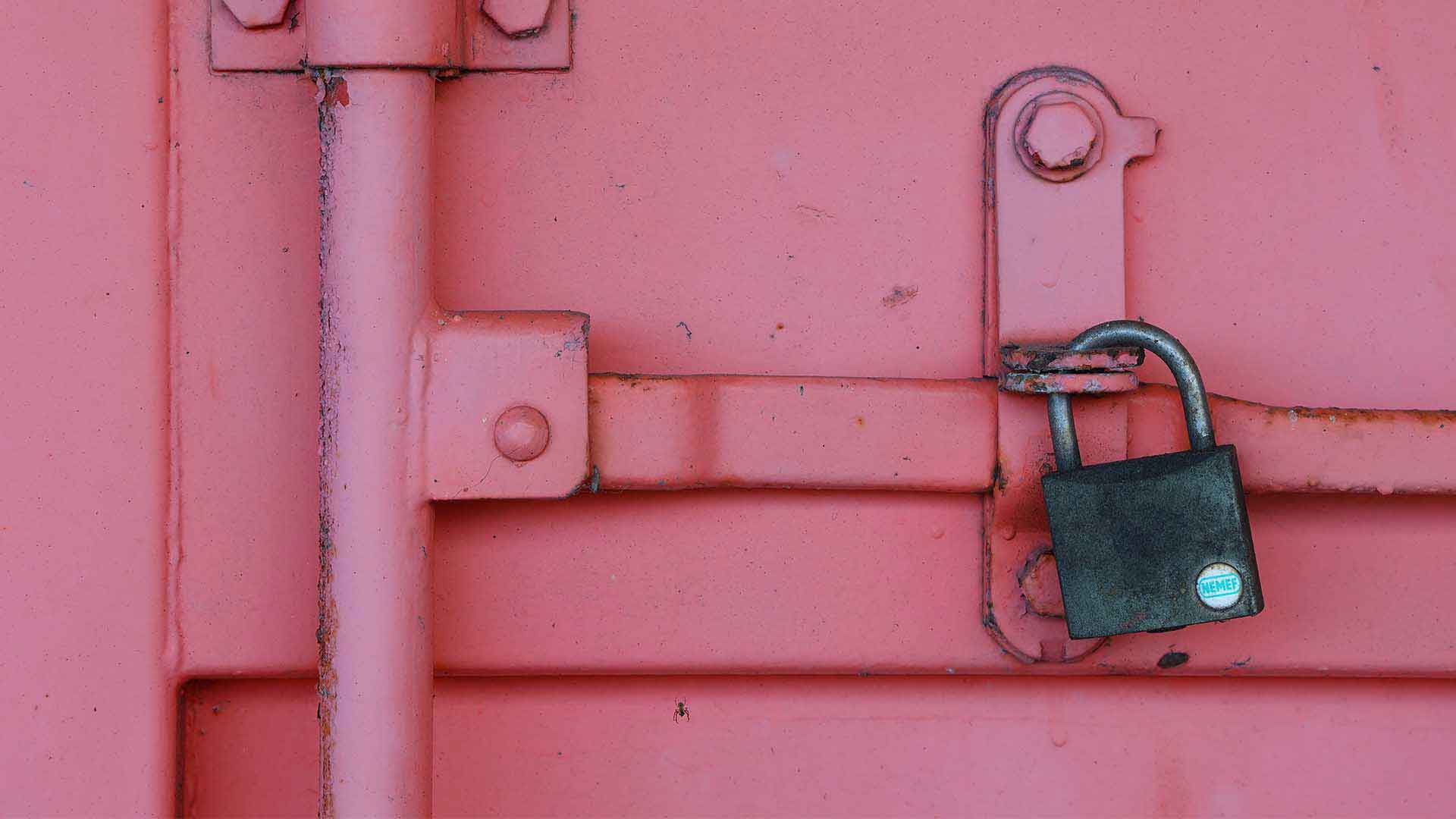 A locked pink shipping container represents deterrents to retail theft