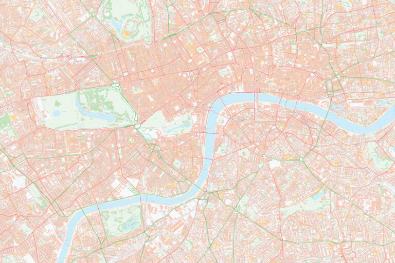 A pink-hued map of central London