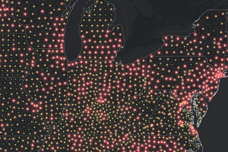 A dark map of Michigan and surrounding states, with all the counties lightly outlined and glowing pink and yellow dots of varying sizes in the center of each of them
