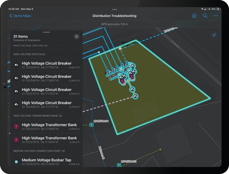 An iPad screen showing a map that identifies various parts of a utility network, such as high-voltage circuit breakers and high-voltage transformer banks