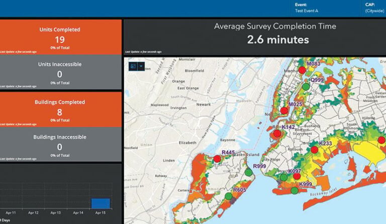 A dashboard showing a map of New York City with information about surveys being taken A dashboard showing a map of New York City with information about surveys being taken