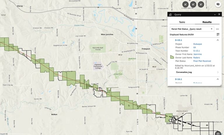 A map with green polygons laid out along a red line, plus a pop-up A map with green polygons laid out along a red line, plus a pop-up