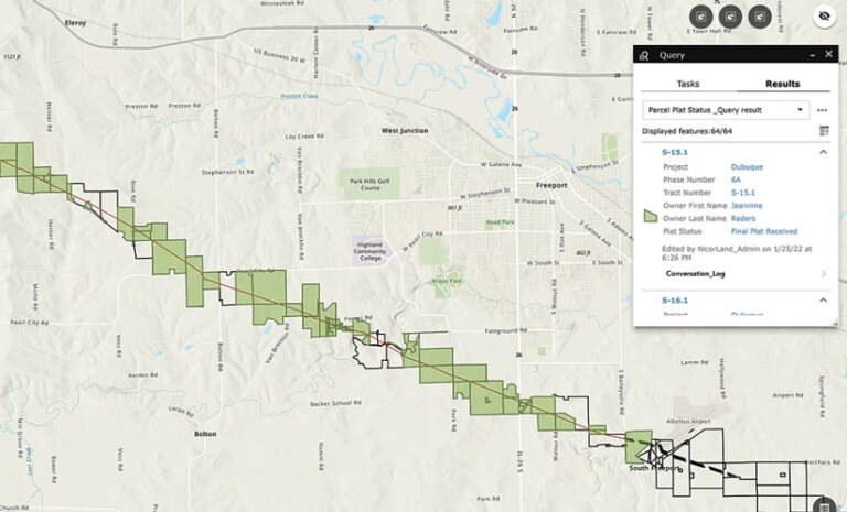 A map with green polygons laid out along a red line, plus a pop-up