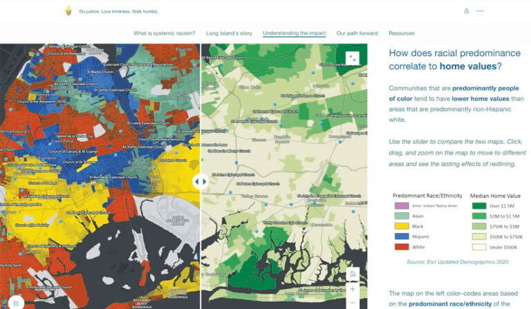 A split-screen map with information about how racial predominance corresponds to home values