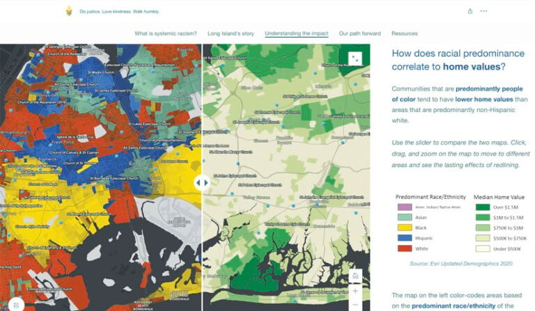 A split-screen map with information about how racial predominance corresponds to home values A split-screen map with information about how racial predominance corresponds to home values