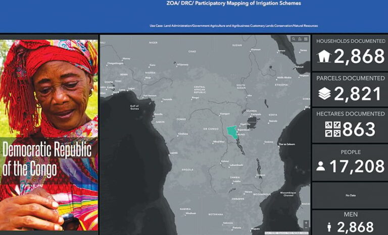 A dashboard showing a map of central Africa alongside a photo of a woman and project stats