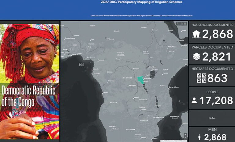 A dashboard showing a map of central Africa alongside a photo of a woman and project stats A dashboard showing a map of central Africa alongside a photo of a woman and project stats