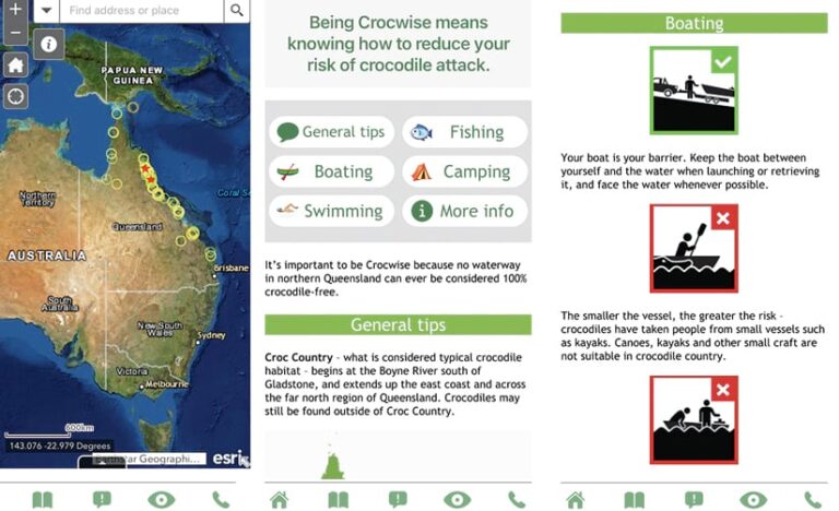 Three smartphone screens—one with a map of Australia and the other two with information about crocodiles