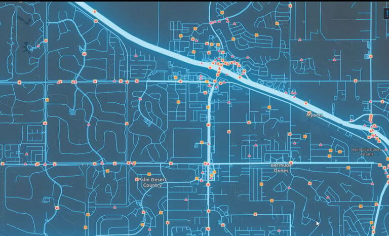 A dark map of the Coachella Valley, California, that shows all the roads and highways in glowing blue