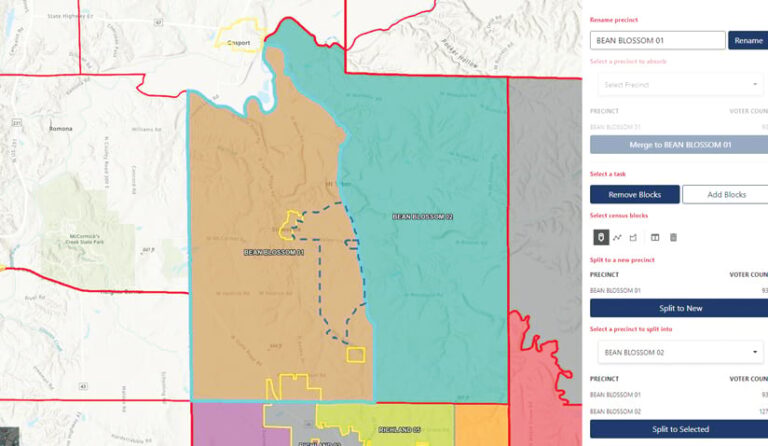 A map with precincts highlighted in different colors and the option to rename a precinct