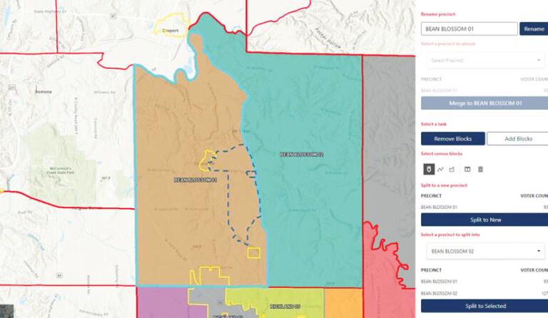 A map with precincts highlighted in different colors and the option to rename a precinct A map with precincts highlighted in different colors and the option to rename a precinct