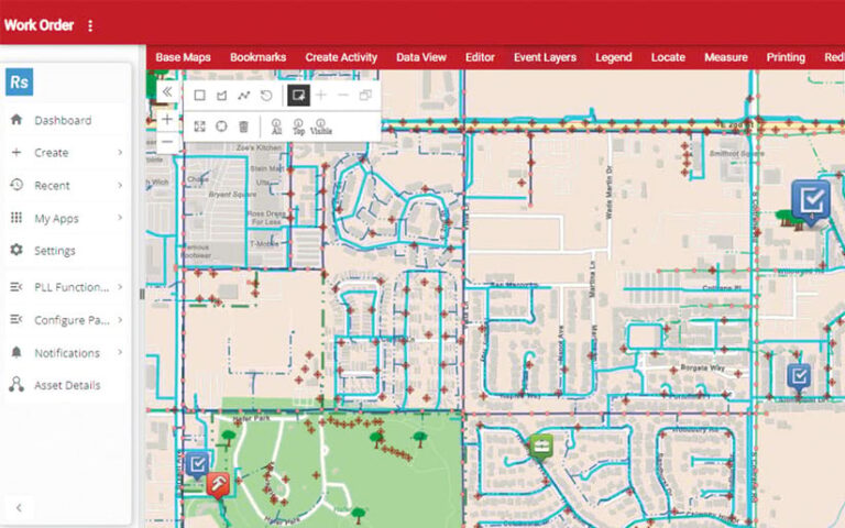 A workorder dashboard that shows a map with assets on it and a menu with different app navigation options A workorder dashboard that shows a map with assets on it and a menu with different app navigation options