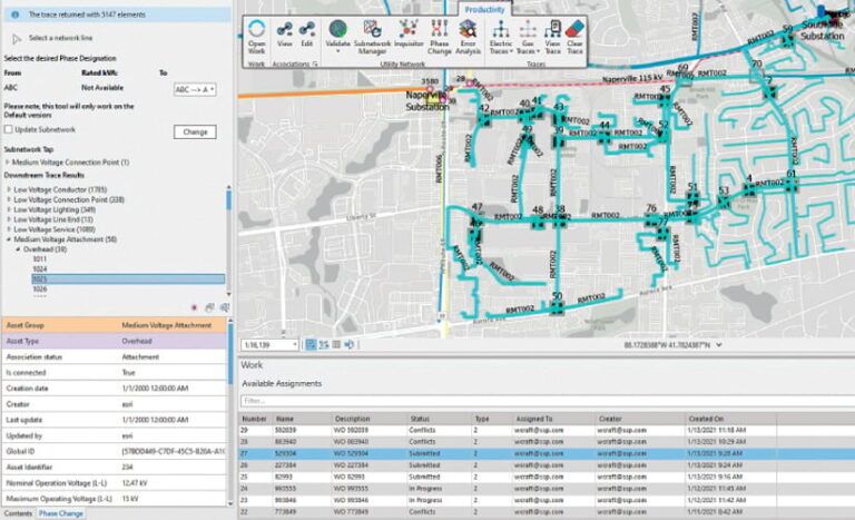 A map of utility assets with tables showing asset information