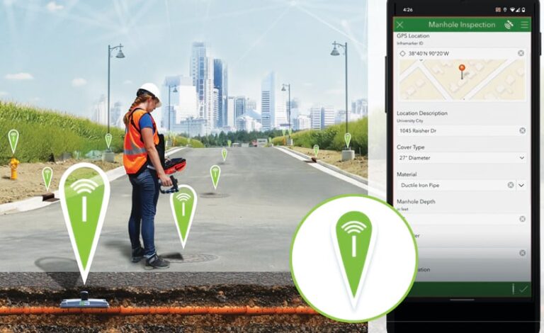 A woman collecting data on a street in front of a skyline with a smartphone screen showing the data she’s collecting A woman collecting data on a street in front of a skyline with a smartphone screen showing the data she’s collecting