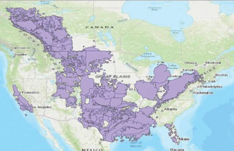 A map of the United States with areas in the center highlighted in purple