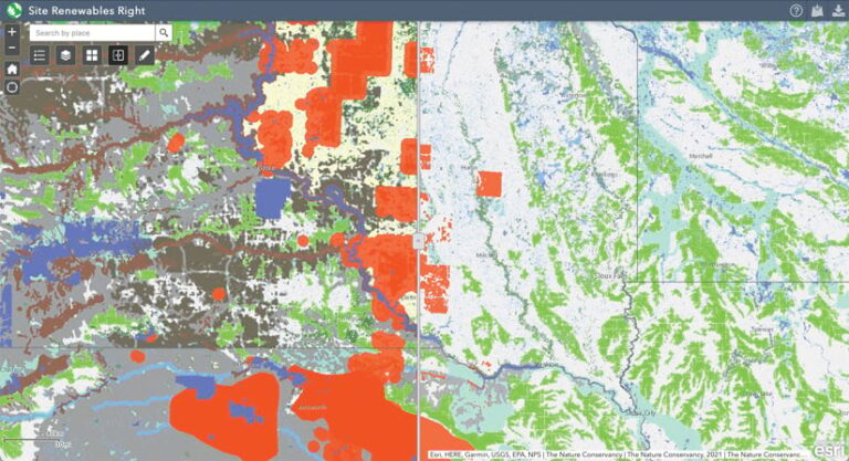 A split-screen map of parts of South Dakota showing, on the left, areas highlighted in green, orange, purple, and brown and, on the right, areas highlighted in just green