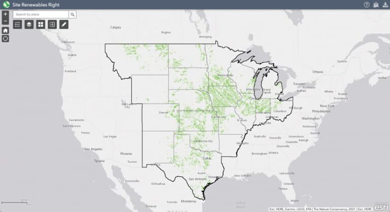 A map of the United States that shows green areas within 19 central states that indicate where utility-scale renewable energy facilities could be developed without harming wildlife