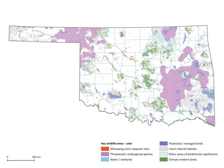 A map of Oklahoma that shows whooping crane stopover sites (in red), areas where threatened or endangered species are found (in light purple), water and wetlands (in blue), protected and managed lands (in dark purple), intact natural habitats (in gray), other areas of biodiversity significance (in light blue), and climate resilient lands (in green)