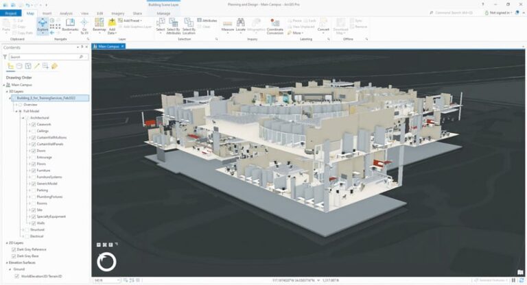 A building scene layer in ArcGIS Pro that reveals the interior—such as walls, windows, desks, and chairs—of an office building